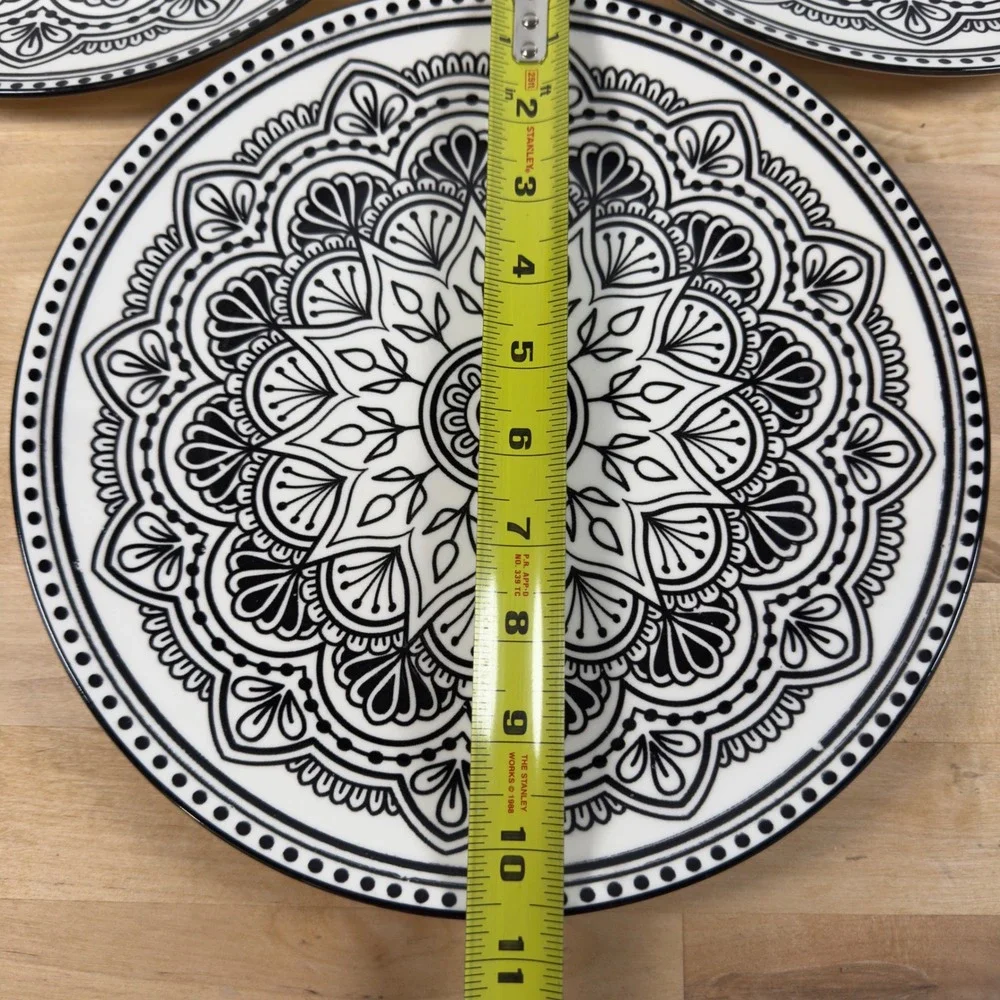 Royal Norfolk Black White Mandala Dinner Plates Set of 4 Stoneware 10.5 Inch